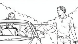 A driving examiner in a car, looking forward while a new driver holds the steering wheel