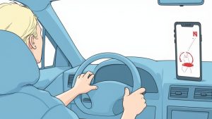 A driver looking at their phone instead of the road ahead, illustrating distracted driving.