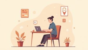 A person smiling while using a laptop for an online driving course, with icons representing video and text modules.