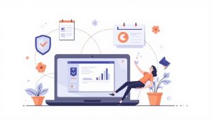 Woman relaxing beside laptop displaying analytics dashboard with security shield and workflow charts