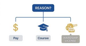 Flowchart showing three reasons for driver's license suspension: pay, coursework, and hardship license