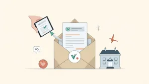 A hand inserts an approved document into an envelope, symbolizing successful application or communication for a house.