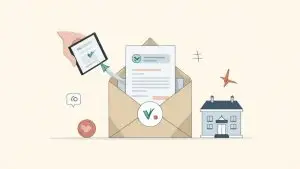 A hand inserts an approved document into an envelope, symbolizing successful application or communication for a house.