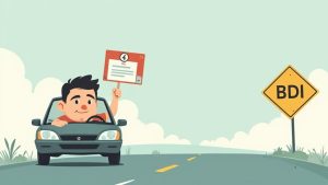 Cartoon man driving a car, holding a '4 INFO' sign, approaches a 'BDI' road sign on a highway.