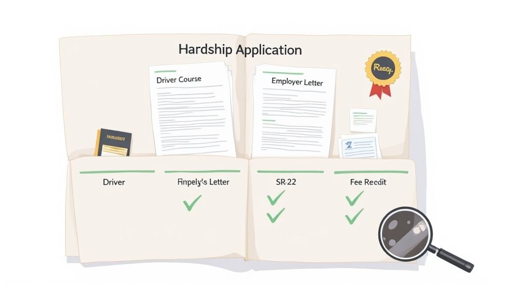 Hardship application folder containing driver course, employer letter, SR-22, and fee receipt documents, indicating a completed process.