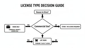 Decision guide flowchart illustrating different driver's license types based on commercial or life task use.