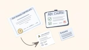 Illustration of documents for driver's license reinstatement: DUI certificate, ADI course, SR-22/FR-44 insurance, and DHSMV forms.