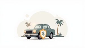 A classic light blue car with a golden shield and dollar sign, symbolizing car insurance.