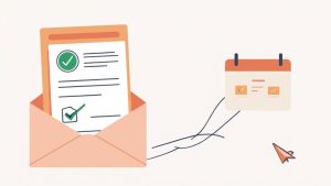 An illustration shows a completed document in an envelope connected to a calendar and a paper airplane.