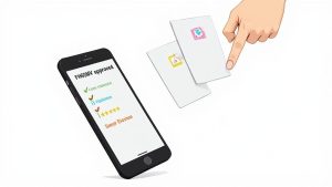 An illustrative image of a hand pointing at cards, with a smartphone displaying an "approved" status and checked items.
