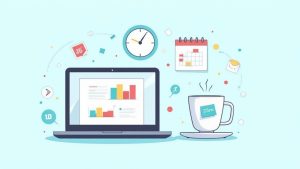 Illustration of a laptop, coffee cup, clock, and calendar, symbolizing productivity and time management.