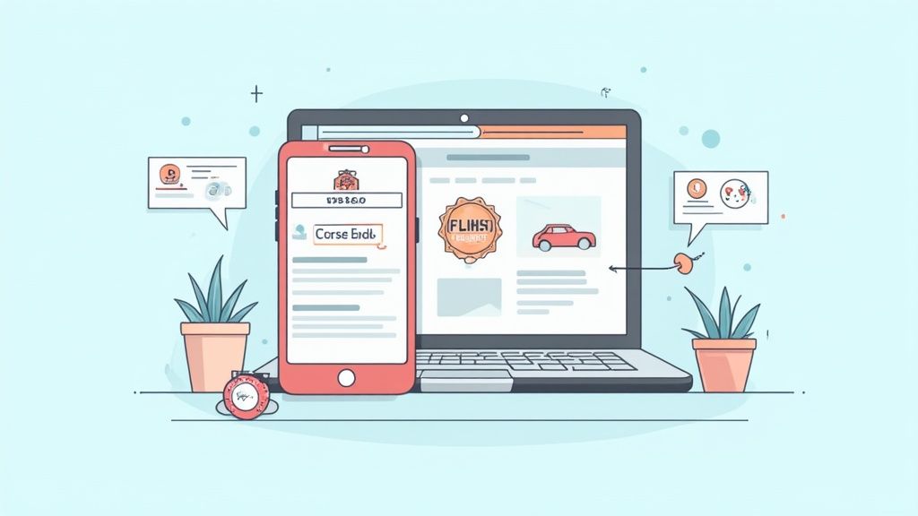 Cartoon illustration of a smartphone and laptop showing online course content related to driving.