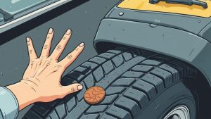 A hand performs a coin test on a wet car tire, assessing tread depth for safe driving.
