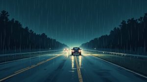Two cars drive on a wet highway at night during heavy rain, headlights illuminating the dark road.