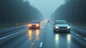 Several cars with headlights on drive on a wet highway during a heavy rain shower, lined by trees.