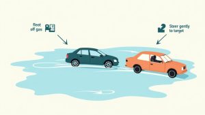 Illustration shows two cars on a wet road, demonstrating driving safety steps: lift off gas and steer gently.