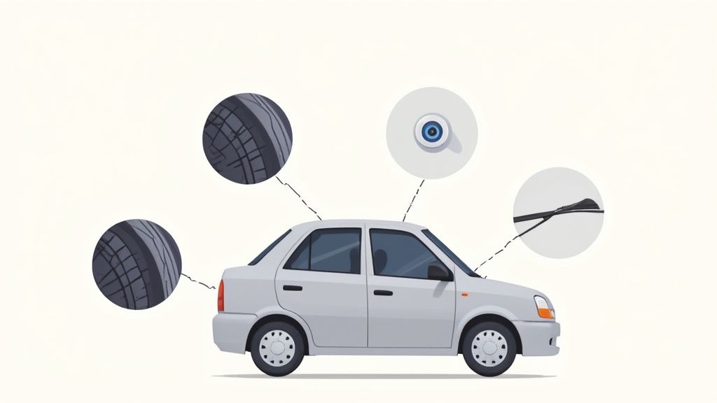 An illustration of a grey car with magnified details of its tires, rearview mirror, and windshield wiper.