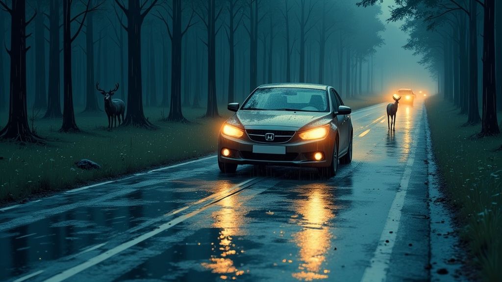A car drives on a wet forest road at dusk, headlights illuminating two deer, one roadside and one ahead.