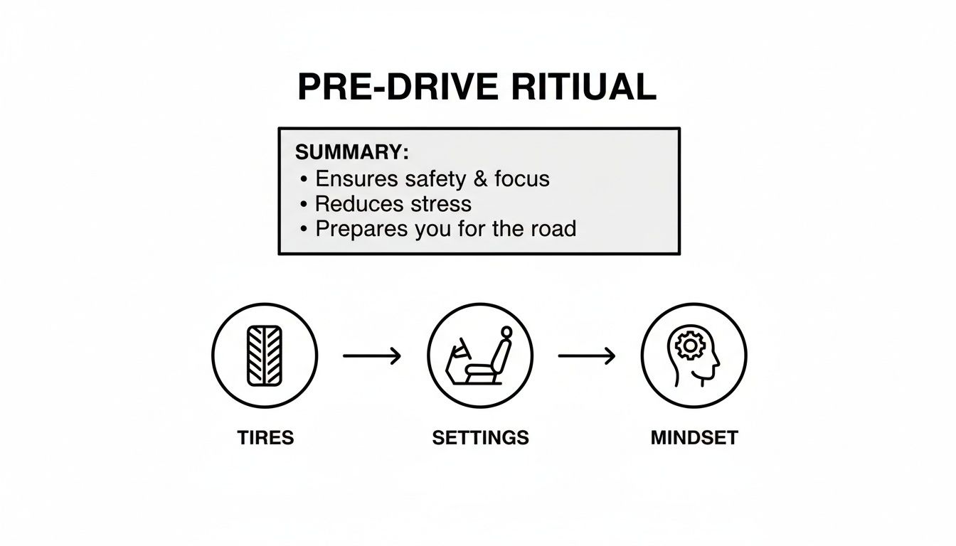 Infographic showing a pre-drive ritual with steps for checking tires, settings, and mindset.
