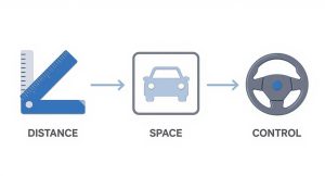 A visual explanation connecting distance (ruler) to space (car) and ultimately to driving control (steering wheel).