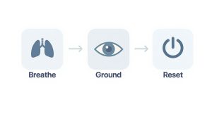 A three-step process diagram with icons: Breathe (lungs), Ground (eye), and Reset (power button).