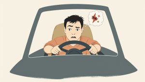 A distressed driver with a scared expression grips the steering wheel, indicating intense driving anxiety.