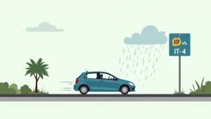 Blue car driving on a road under a rainy cloud, with a road sign nearby.