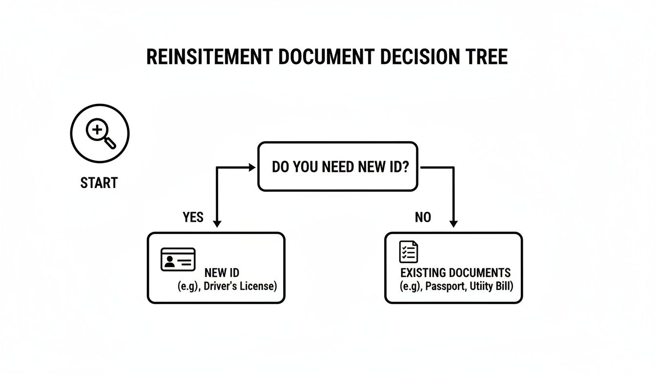Flowchart outlining the decision process for required documents for reinstatement, differentiating between new and existing ID.