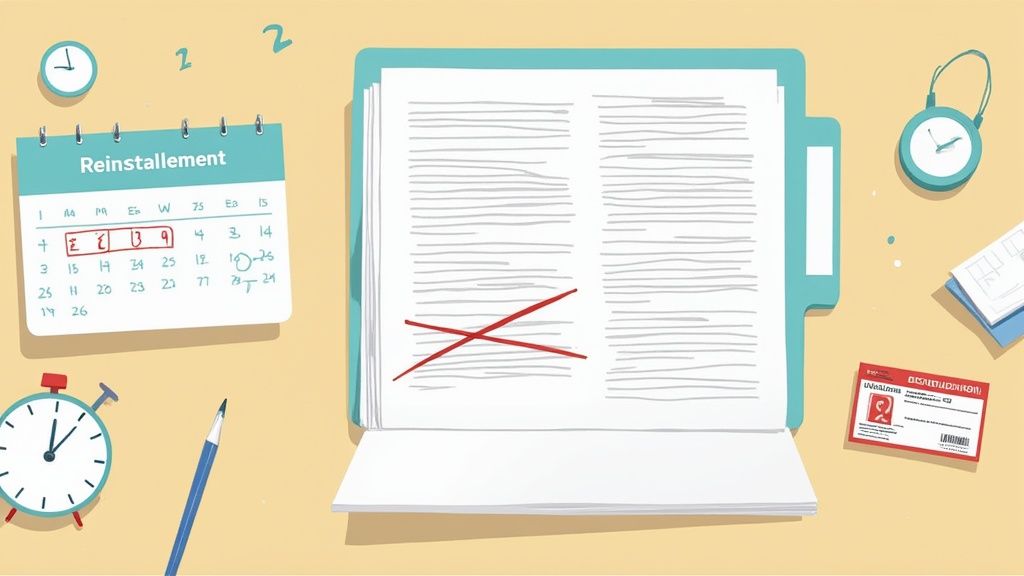 A flat lay of a desk with a 'Reinstallement' calendar, documents marked with an X, clocks, and an ID card.