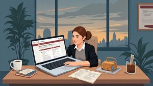 A professional woman working on a laptop in a modern office with a city skyline at sunset.