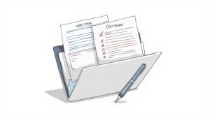 Illustration of two forms, 'HSMV 73386' and 'DUI School' checklist, in a file with a pen.