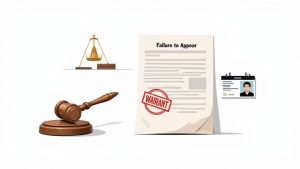 Legal scales, a judge's gavel, a 'Failure to Appear' warrant, and an ID card.