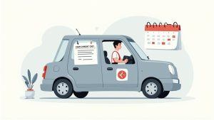 Illustration of a man driving a grey car with an employment document attached and a calendar.