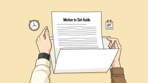 Hands hold a legal document titled 'Motion to Set Aside,' with a clock and calendar.