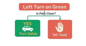 Flowchart on left turn rules: if path is clear, turn safely; otherwise, yield.