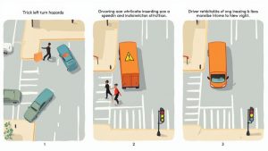Three panels illustrating various hazards at road intersections, focusing on left turns, pedestrians, and traffic lights.