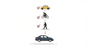 Diagram showing a yellow car, bicycle, and person walking with checkmarks, descending to a dark car.