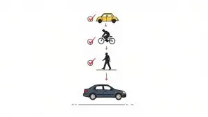 Diagram showing a yellow car, bicycle, and person walking with checkmarks, descending to a dark car.