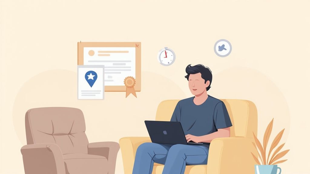 Illustration of a man learning online with a laptop from an armchair, surrounded by educational icons.