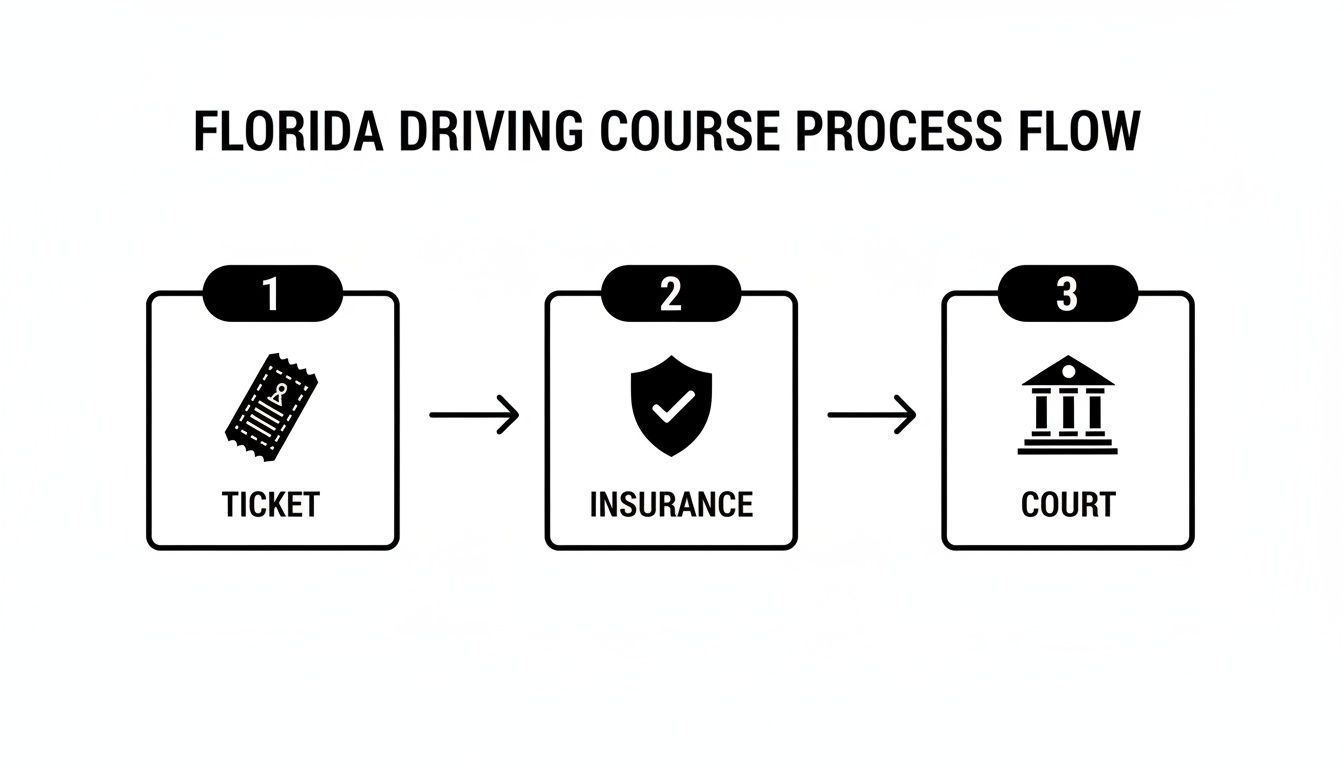A clear process flow diagram for a Florida driving course, detailing steps from ticket to court.
