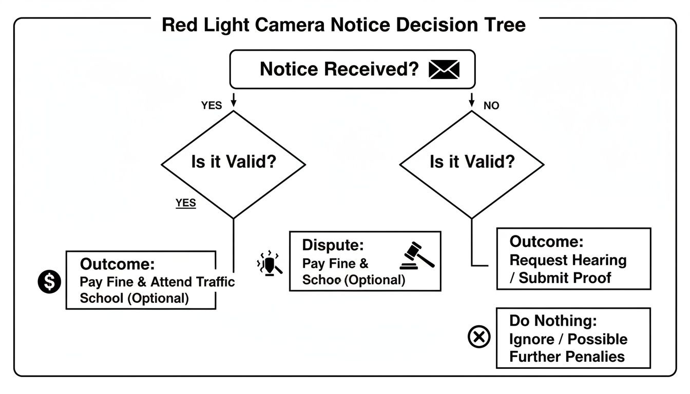 A red light camera notice decision tree flowchart, guiding actions based on notice receipt and validity.