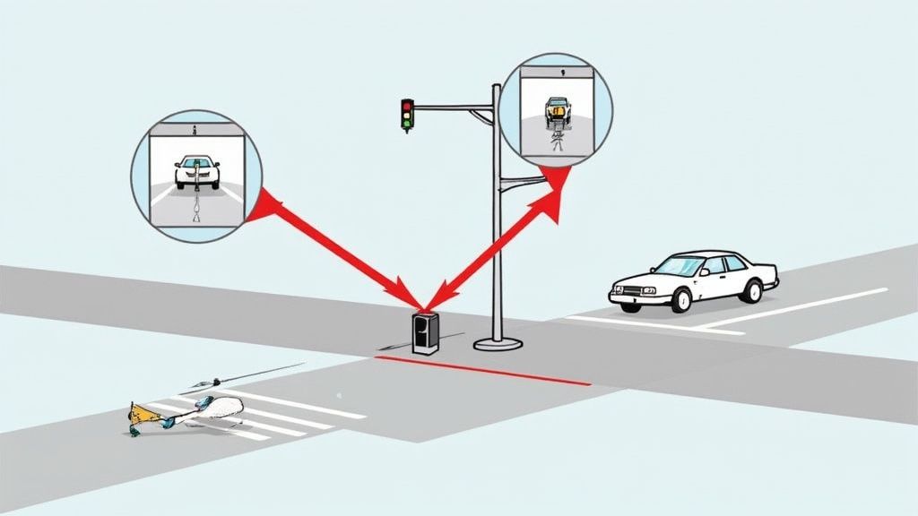 An illustration of a red light camera system at an intersection capturing a car at the stop line.