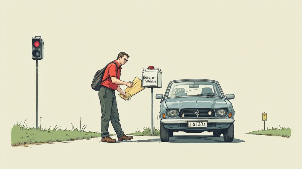 Man puts an envelope into a mailbox labeled 'Notice or Violation' next to a parked car, with a red traffic light nearby.