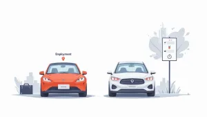 Two cars, one orange with 'Employment' pin and briefcase, one white parked near a sign with requirements.