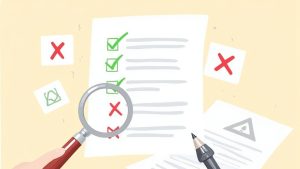 A hand uses a magnifying glass to review a checklist with checks and an X mark.