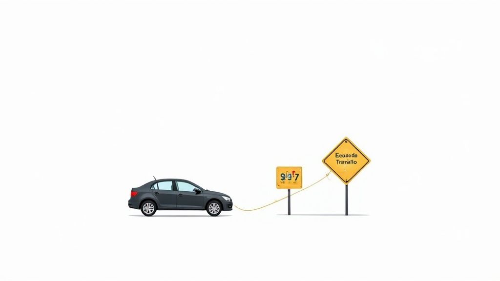 An illustration of a grey car connected by yellow cables to a '997' sign and an 'École de Trarallo' school sign.