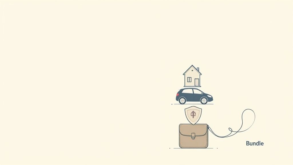 Illustration showing a house, car, shield icon, and a purse with a line connecting to the text 'Bundle'.