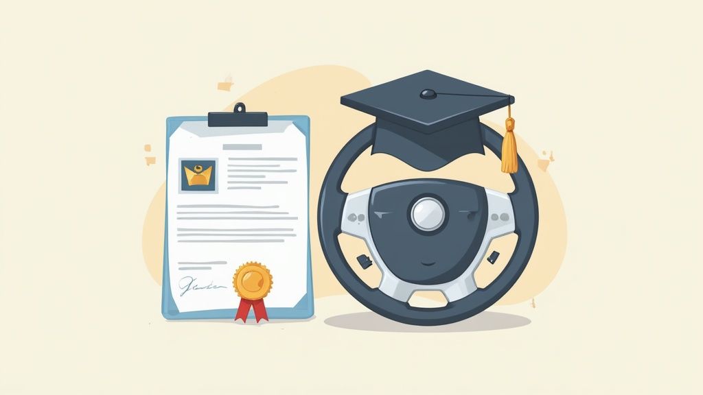 Illustration of a driver's license certificate next to a steering wheel with a graduation cap.