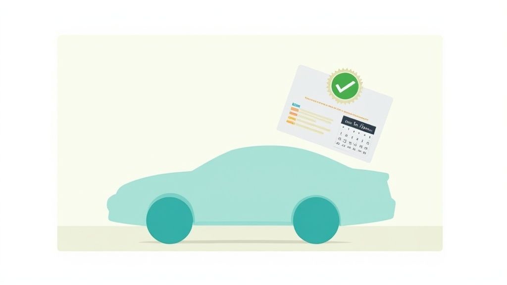 Illustration of a light blue car with a document featuring a green checkmark, indicating policy approval.