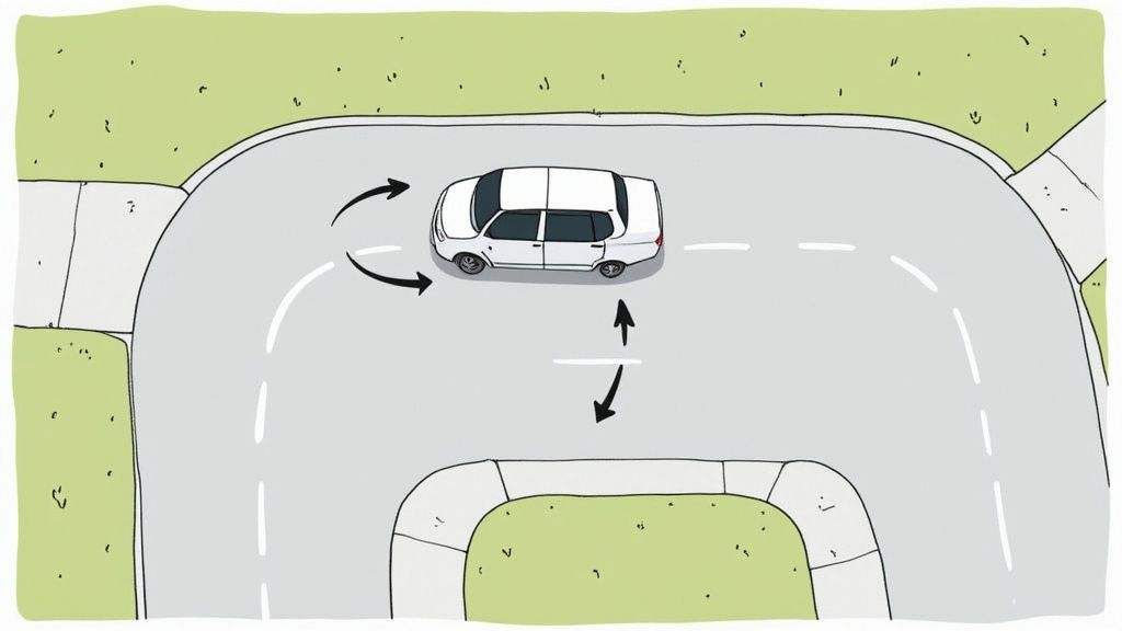 A cartoon illustration showing a white car performing a three-point turn on a road with guiding arrows.